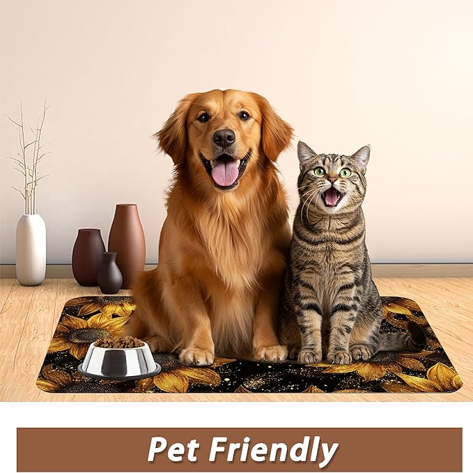 Sunflower Vintage Pet Feeding Mat,Absorbent Quick-Dry Cat Dog Food and Water Bowl Mats, Non-Slip Rubber Backing Mat,Cat Dog Accessories Supplies 12"x20"