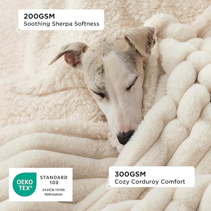 Bedsure ComfyFleece™ Waterproof Dog Blankets for Small Dogs - Soft Puppy Cat Blanket Corduroy Fleece Washable, Cozy Calming Reversible Furniture Protection for Pet Kitten Doggy,25"x35", Cream