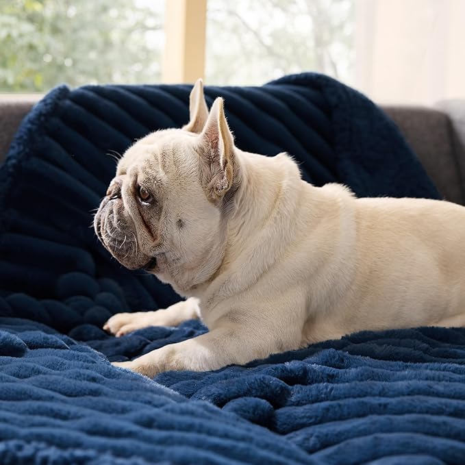 Bedsure ComfyFleece™ Waterproof Dog Blankets for Medium Dogs - Soft Puppy Cat Blanket Corduroy Fleece Washable, Cozy Calming Reversible Furniture Protection for Pet Kitten Doggy,30"x40", Navy Blue