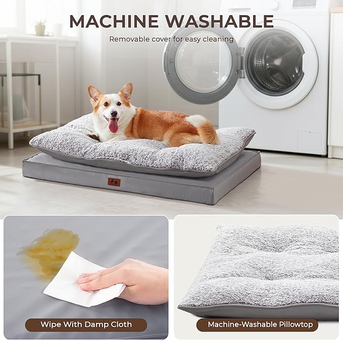 2-Pack Waterproof Dog Bed Medium Size Dogs, Plush Cushion & Orthopedic Egg-Crate Foam Mattress for Senior Dogs, Washable Dog Crate Bed with Removable Cover, Light Grey