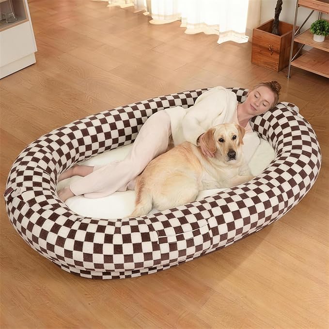 74"x50"x12" Human Dog Bed for Adults, Ultra Plush Waterproof Bean Bag Chair, Machine Washable & Anti-Slip, Memory Foam Oversize Dog Bed for Lounging, Reading, Gaming, Brown Grid
