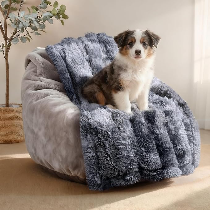 Luciphia Large Waterproof Dog Blanket Pet Washable Liquid Proof Furniture Protector Medium Shaggy Plush Calming Long Faux Fur Bed Cover for Couch Cat Blankets Kitten Doggy, Tie-dye Grey, 40" x 50"