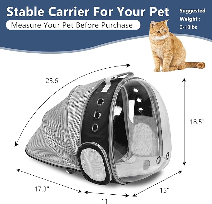 Cat Backpack Carrier Back Expandable Bubble Pet Carrier Backpack for Large Cat, Kitten and Dog, Designed for Hiking, Travelling and Outdoor Use (Back Expandable-Black)