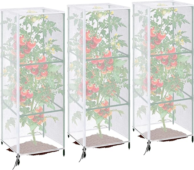 3 Pcs Garden Bird Netting Plant Cover for Square Tomato Cage, 59" x 17.7" Insect Bird Barrier Tomato Cage Net with Zipper & Drawstring, Tomato Trellis Netting Protection Cover for Protecting Plants