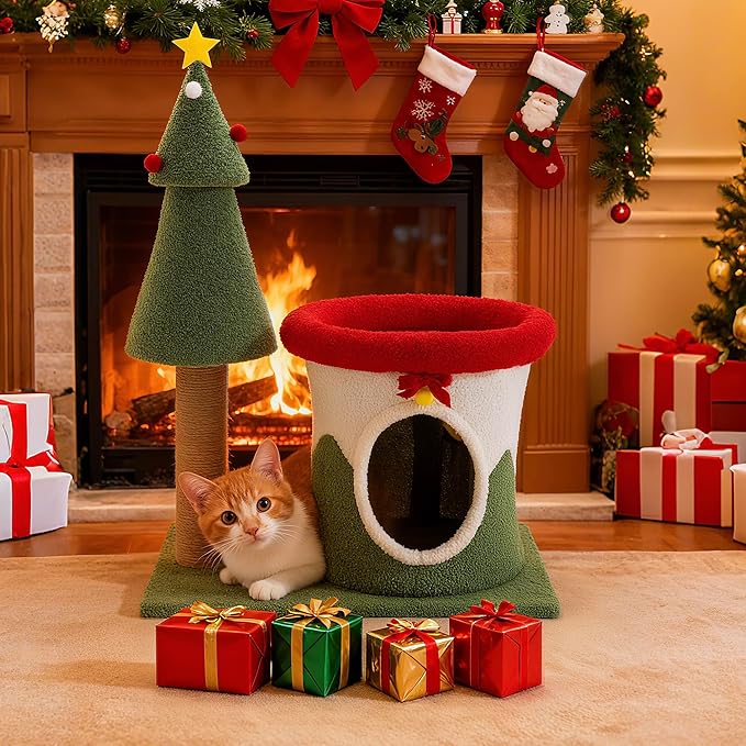 COSIEST 30in Christmas Cat Tree for Kittens, Kitty Condo with Top Perch, Small Cat Tree House with Sisal Scratching Posts, Cat Safe Christmas Tree Tower for Indoor Cats, Activity Center, Red & Green