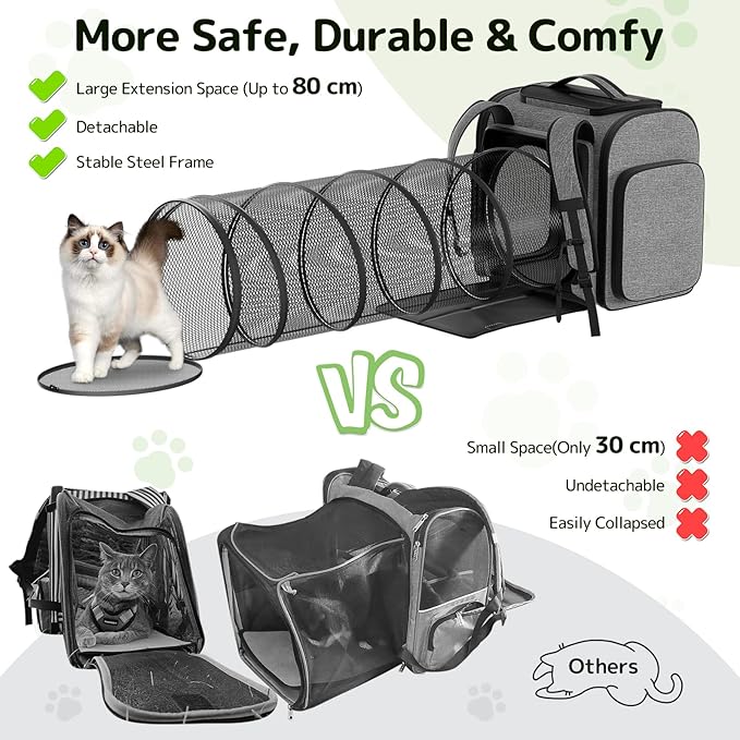 Cat Backpack with Detachable Play Tunnel, 2 in 1 Cat Tunnel Backpack Suitable for Carrying & Playing, Expandable Dog Backpack for Small Medium Kitten Puppy, Suitable for Travel Hiking Camping