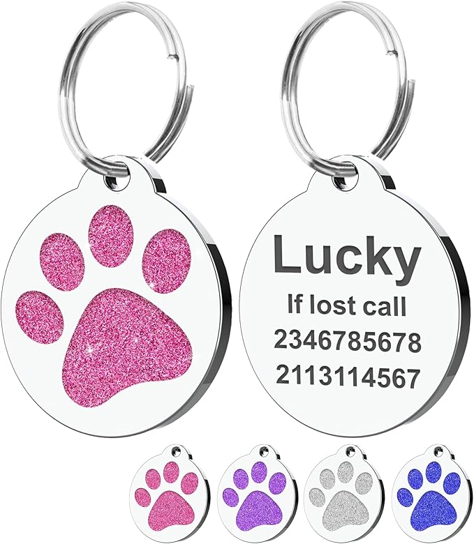 Dog Tags Personalized for Pets Dog Name Tags Personalized Dog Tag Engraved with Any Name & Text Custom Dog ID Tags Glitter Bone ID Tag for Puppy Cat (Pink-Round, L)