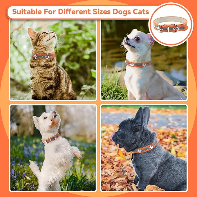 PETCARE Reflective Dog Collar with Cute Paw Rivet Studded Funny Soft PU Leather Adjustable Puppy Dog Collars for Small Medium Large Dogs Cats (Orange,X-Large)