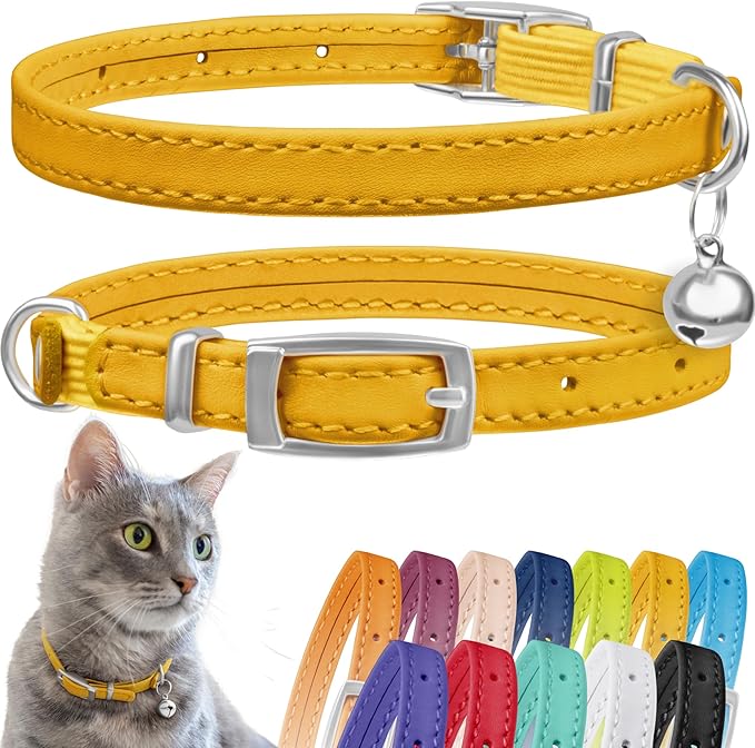 CollarDirect Leather Cat Collar, Cat Safety Collar with Elastic Strap, Kitten Collar with Bell Black Blue Red Orange Lime Green (8-11 Inch, Yellow)