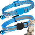 2 Pack Cat Collar with Bells, Reflective Collars for Cats with Breakaway Safety Buckle, Nylon, 7-12 Inch Adjustable, Blue