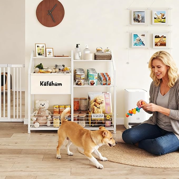 KAFAHOM Dog Toy Basket, Dog Toy Box for Living Room Area, Dogs Toy Bin with Storage Organizer, All-in-One Cat Stuff Box & Essential Holder with Can Dispenser, Great Gift for Pet Lovers