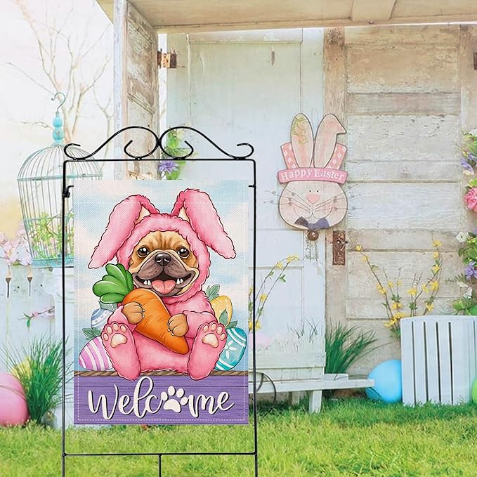Artofy Welcome Easter Bunny Dog Large Decorative House Flag, French Bulldog Rabbit Yard Garden Outside Decor Pet Owner Lover Gift, Spring Carrot Egg Burlap Outdoor Home Decoration Double Sided 28 x 40