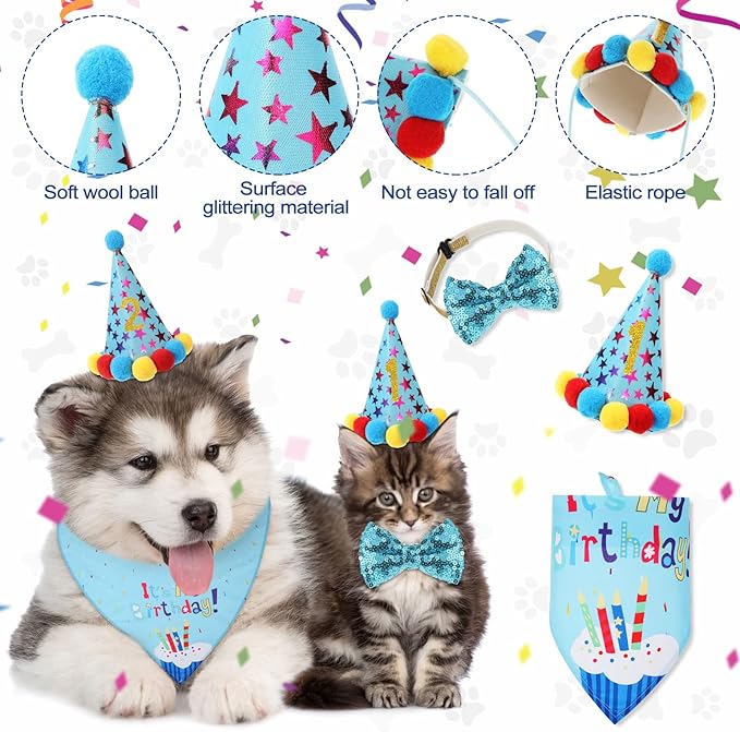Weewooday Dog Birthday Party Supplies Birthday Boy Girl Cake Bandana Triangle Scarf Party Hat Dog Bow Tie Collar with Numbers for Large Medium Small Dog Puppy 1st Birthday(Cute Style,Medium)