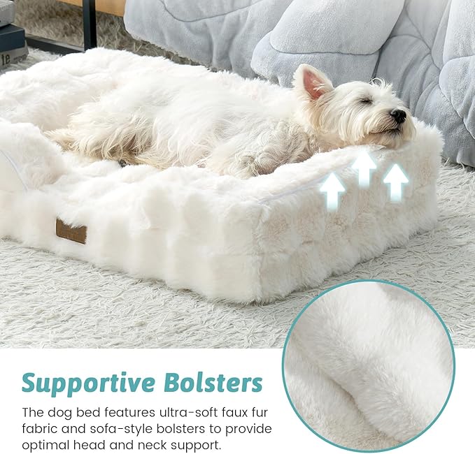 Orthopedic Dog Bed for Large Medium Size Dog, Soft and Warm Faux Fur Sofa for Pet Up to 75 lbs, Foam Bolster Anti-Slip Couch with Washable Removable Cover, L 36x27x6.5 inch, Beige