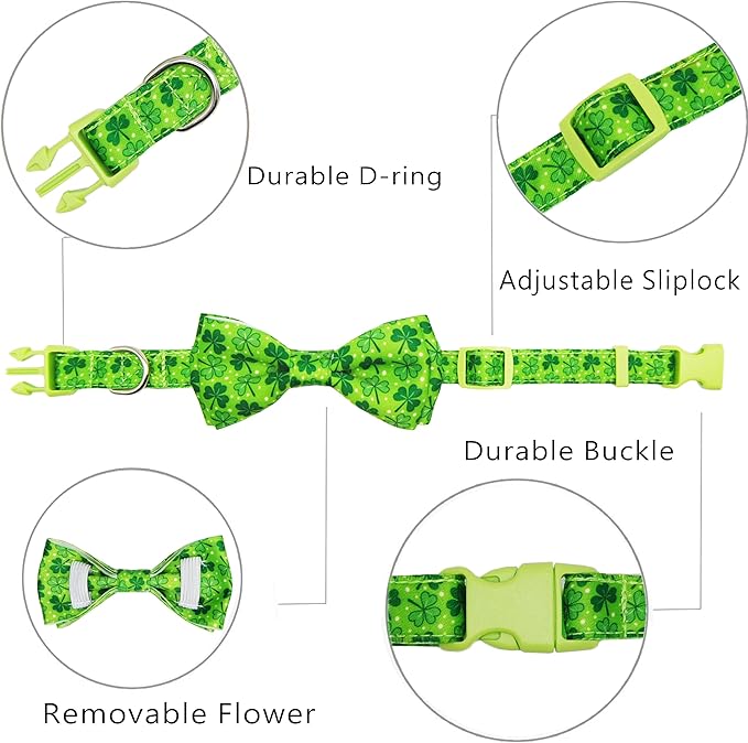 St. Patrick's Day Dog Collar with Bow Tie Set, Green Shamrock Clover Pattern Pet Collar, Adjustable Lucky Irish Holiday Neckwear for Small, Medium, and Large Dogs
