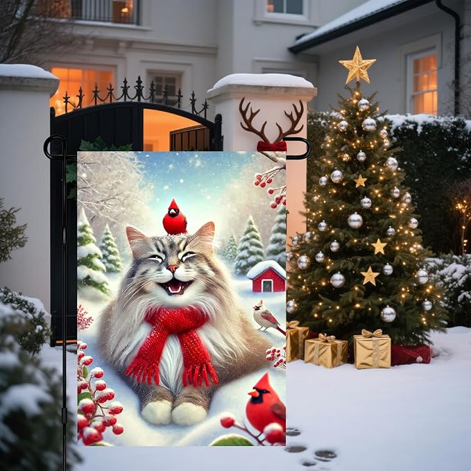 Christmas Garden Flag Cute Cat Red Cardinal Winter Snow Scene Outdoor Yard Flag 12x18 Inch Double Sided Banner For Front Yard Porch Lawn Patio Festive Holiday Seasonal Home Decor