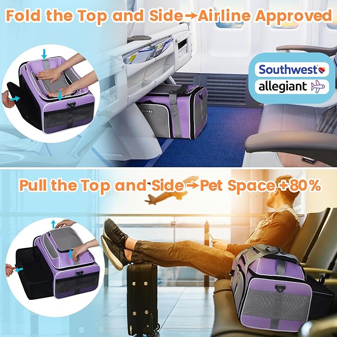 Petskd Top and Side Expandable Pet Carrier 19x13x9 Inches Southwest Allegiant Airlines Approved, Soft-Sided Carrier for Small Dog Under 12 lbs and Large Cat Under 15 lbs(Purple)