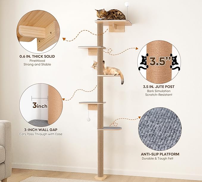 Floor to Ceiling Cat Tree for Kittens, 5-Tier Wall Mounted Cat Wall Shelves with Grey Felt Pads, Adjustable Wild Simulation Cat Tower, Natural Pine Wood Platforms for Climb, Scratch and Lookout