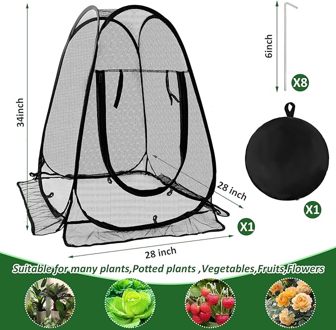 Pop Up Mesh Plant Protectors from Animals,Large Plant Netting Guard Cover with 8 Stake Crop Cage Fine Mesh Plant Tents for Protect Flower Tomato Vegetable from Deer Cat Bird Squirrel, 28x28x34 in