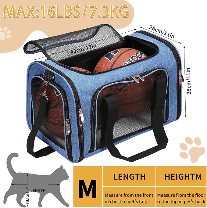 Soft-Sided Cat/Dog/Pet Carrier, Collapsible Pets Travel Carriers for Big Cats/Small Dogs with Shoulder Strap & Removable Mat, Mesh Puppy Carry Bag, Up to 16 Lbs, TSA Airline Approved(Blue)