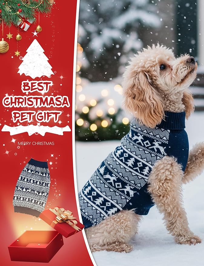 Dog Christmas Sweater, Soft Warm Pet Clothes Coat for Small Medium Large Dogs and Cats Boy Girl, Fall Cozy Holiday Turtleneck Knitting Collar Pullover Pup Outfit Costume for Thanksgiving New Year