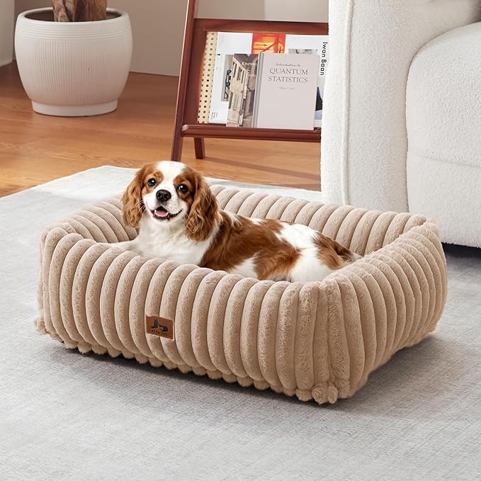 Washable Dog Bed for Small Medium Dogs - Rectangle Orthopedic Corduroy Fleece Pet Bed with Removable Cover and Nonskid Bottom, Calming Puppy Bed Soft Pet Sofa, Camel(25x21x7inchs)