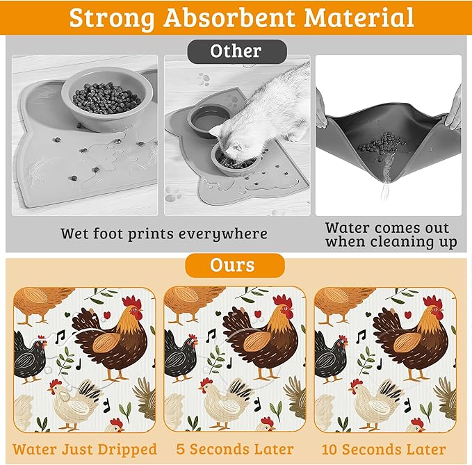 Dog Bowl Mat,Chickens Roosters Pet Feeding Mat for Floors Waterproof,Plants Leaf Absorbent Dogs Placemat for Food and Water Quick Dry Pet Cat Feeding Mats with Non Slip Bottom 16" x 24"