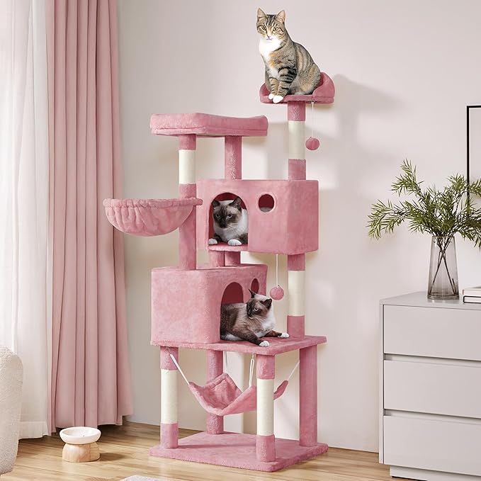 Yaheetech Multi-Level Cat Tree, Large Cat Tower with Condos Platform, Cat House Cat Tree for Medium Cats Pink, 64.5in