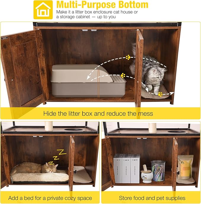Aivituvin Cat Litter Box Enclosure, Litter Box Furniture Hidden, Wooden Cat Washroom Furniture, Indoor Cats House with Condo, Hammock, Scratching Mat and Storage Shelves
