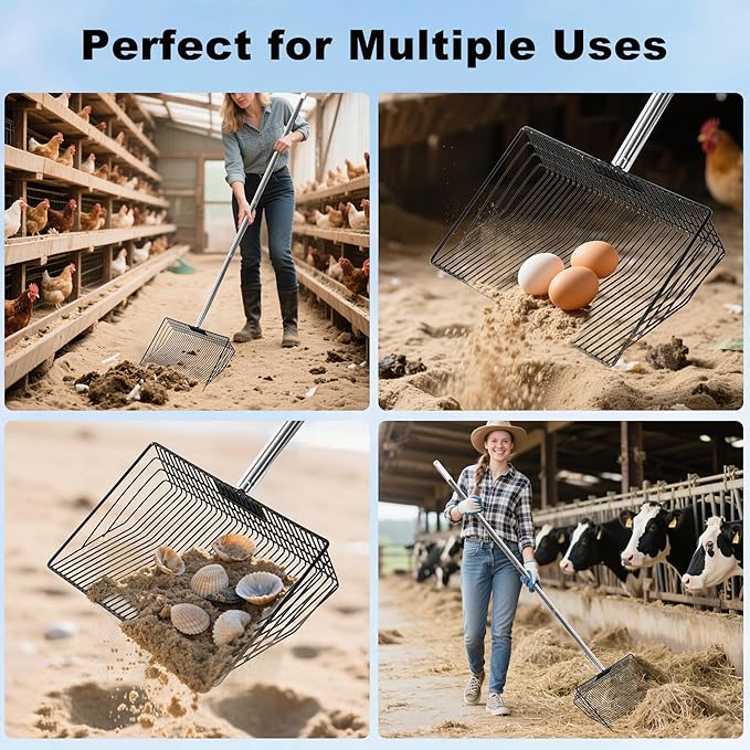 Chicken Poop Scooper & Rake 2-in-1, 304 Stainless Steel Shovel Head, Chicken Litter Scoop for Chicken Coop & Pet Waste Cleaning, Cleaning Tools for Chicken Coops & Farm Animals Scoop