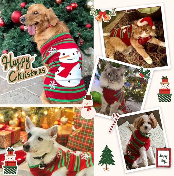 Dog Christmas Sweater Cute Snowman Puppy Cat Costume Boy Girls Xmas Holiday Pet Clothes New Year Outfits Gifts for Small Medium Large Dogs (XS, Red Green Stripe Snowman)