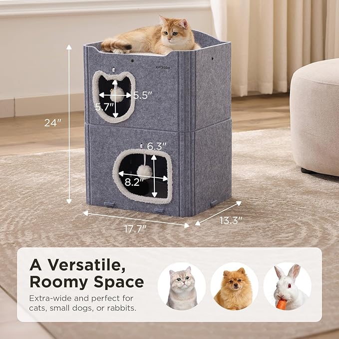 Joydeco Cat House for Indoor Cats, 2 Story Scratch Resistant Felt Cat Condo, Hideaway Pet Cave Bed with Fluffy Ball and Tunnel for Kitten, Small Dogs, Rabbits, 17.7 x 13.3 x 24, Grey