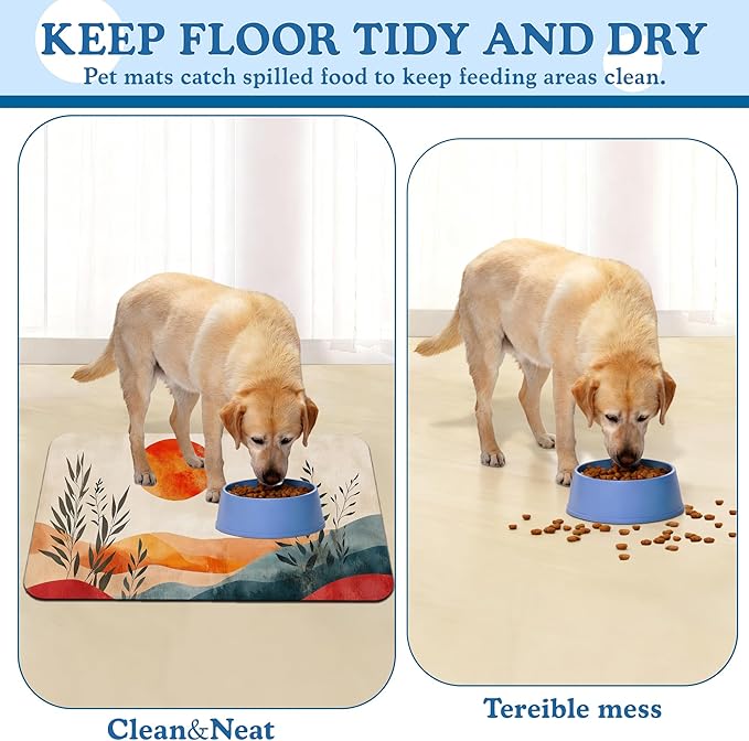 Boho Mountain Sun Pet Food Mat for Cats and Dogs–Christmas Stocking Absorbent Quick Dry Feeding Placemat, Non Slip Rubber Base, Waterproof Bowl Mat for Indoor Use, Pet Supplies 12"x20"