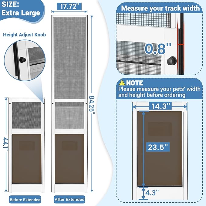 XL Dog Door for Sliding Glass Door, Extra Large Patio Doggy Door Insert for Sliding Door, Height Adjustable from 44" to 84", Flap Width: 14 inch