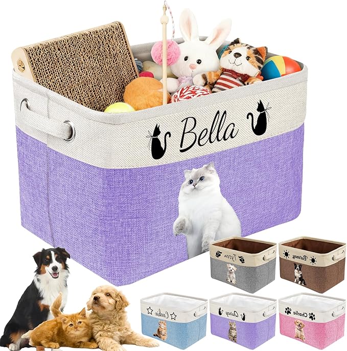 Personalized Dog Cat Toy Storage Basket with Photo & Name, Custom Collapsible Pet Organizer Bin with Handles for Toys, Clothes, Blankets & Pet Supplies