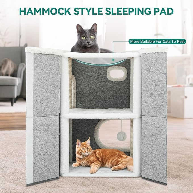YITAHOME 2-Tier Cat House, Indoor Cat Cave Bed Playhouse, Cat Tunnels with Scratch Pad and Hideaway Cube, Cute Modern Cat Condo Furniture for Multi Small Cats, Extended (Grey)