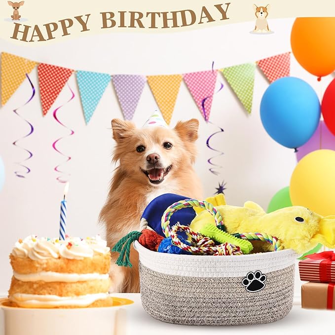 Zopeal Puppy Dog Toy Gift Storage Basket with Dog Toys Set Chew Toys Birthday Gift Basket Teething Interactive Squeaky Duck for Teething Small Medium Large Dogs(Khaki)