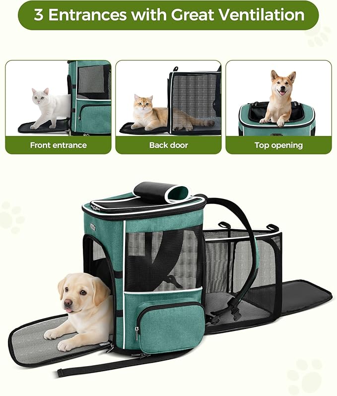 BAGLHER Expandable Cat Carrier Backpacks, Retractable Pet Carrier Backpack for Small Dogs & Cats with Breathable Mesh, Travel Bag Up to 18 Lbs for Hiking Camping Outdoor - Green
