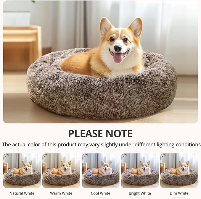 JOLLYVOGUE Calming Dog Bed Medium Size Dog, Anti-Anxiety Donut Medium Pet Bed, 31 inches Fluffy Faux Fur Round Cat Bed, Fits up to 45 lbs Pets (Smoke Brown)