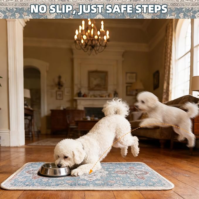 PUPTECK Dog Food Mat, Absorbent Pet Feeding Bowl Mat, Non-Slip Dog Mat for Food and Water, Quick Dry No Stains Cat Placemats Pet Supplies for Messy Drinkers, Blue 12"x20"