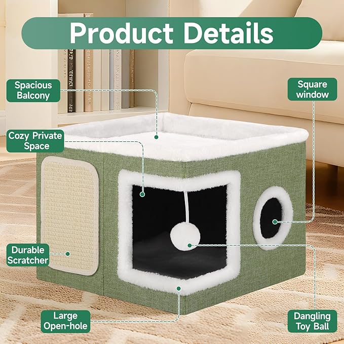 Shikha Cat Beds for Indoor Cats, Large Cat Cave with Cozy Condo, Fluffy Ball, Round Window, Foldable Indoor Cat House Hold Up to 30LBS, Cat Hideaway with Reversible Cushions for All Seasons, Green