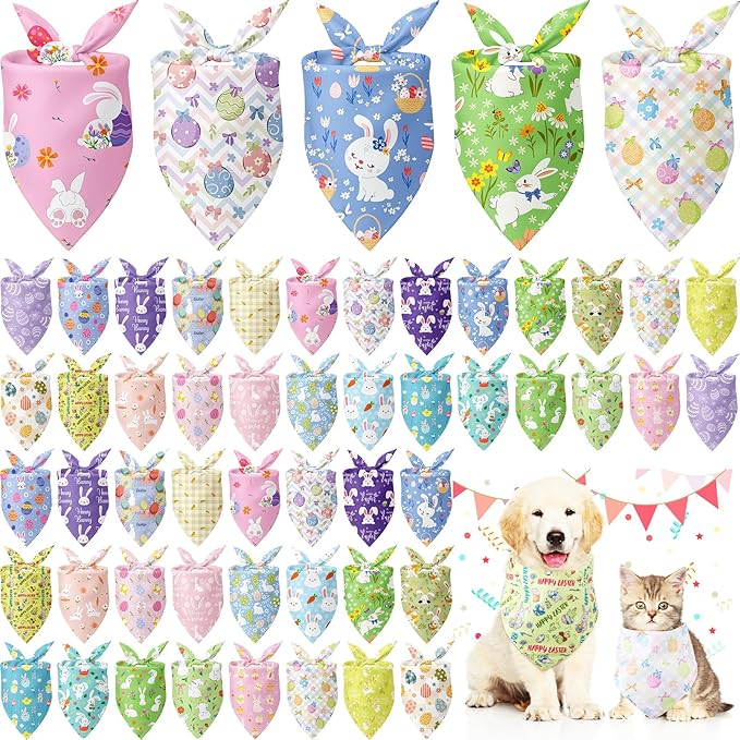 Kacctyen 50 Pcs Spring Easter Dog Bandanas Bulk Bandanas for Dogs Grooming with Bunny Pattern Adjustable Pet Triangle Scarf Bib Washable for Small Medium Large Puppy Cats Pets Costume Accessories