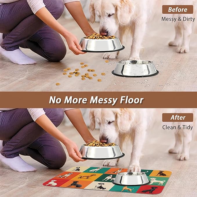Cute Dog Cat Food Mat,Absorbent Pet Feeding Mat for Food and Water,Non-Slip Dog Bowl Mats Floor Protector 12"x20"