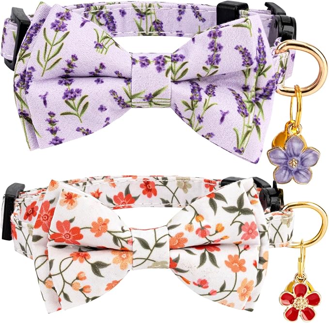 2 Pack Breakaway Cat Collar with Removable Bow Tie and Bell for Boy Girl Cats,Cute Cotton Kitten Collar with Purple Lavender and Red Flower Pattern for Female Male Cats (Lavender&Flower)