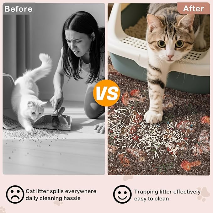 Bienbee Cat Litter Mat, 24" x 15" Litter Box Mat Rug with Non-Slip Bottom,Urine and Water Proof, Easy to Clean Cat Supplies Essentials for Indoor Kitty Kitten Floor, Brown Mushrooms M