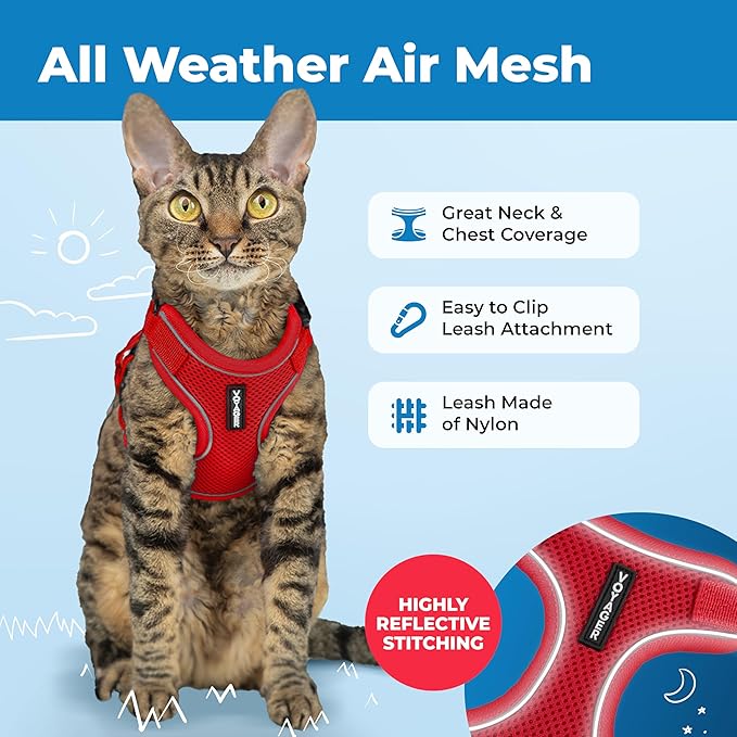 Voyager Escape-Proof Step-in Lock Cat Harness & 5ft Neoprene-Handle Leash Set All-Weather Mesh with Reflective Stitching for Small to Large Cats by Best Pet Supplies, Red (327), XXXS
