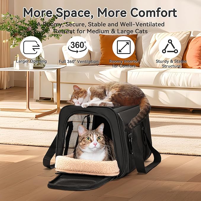 PETSFIT Large Cat Car Carrier with Patented Safety Buckles(19 x 12 x 12) – Roomy Escape-Proof for Safe Driving, Lockable Zippers & Safety Tether, Soft-Sided Travel Carrier for Road Trips & Vet Visits