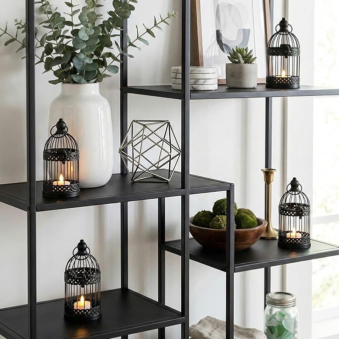 VELA LANTERNS 6" Birdcage Decor Candle Holder Lantern Decorative Table Centerpiece Halloween Decorations, Black, Small, Set of 4