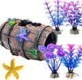 Fish Tank Decoration for Aquarium Tank, Betta Fish Tank Accessories Starfish Barrel x 1pc, Aquarrium Decor Aquatic Plants x 4pcs, Aquarium Decor Starfish x 1pcs.