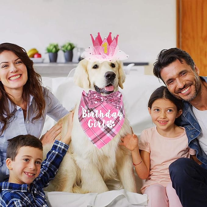 Dog Birthday Party Supplies, Multi Sizes Dog Birthday Bandana Girl Dog Birthday Hat Crown with Birthday Numbers Bow Tie for Large Extra Large Dogs Pets (Pink, X-Large)